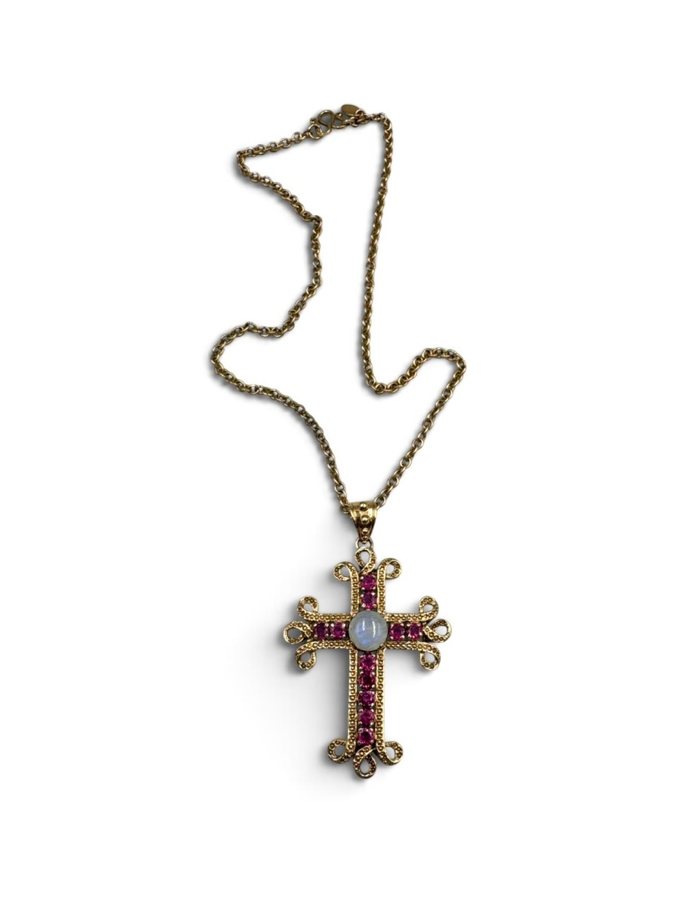 Vintage Nicky Butler Garnet Moonstone Cross Pendant Necklace India NB 17.5”
